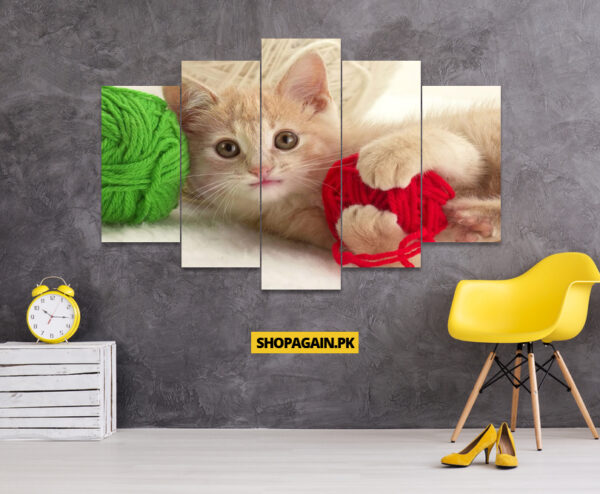 Kitten Playing With Yarn Balls 5-Piece HD Printed Wall Frame