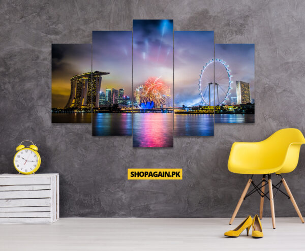 City ​​Ferris Wheel Night View Oil Painting  5-Piece HD Printed Wall Frame