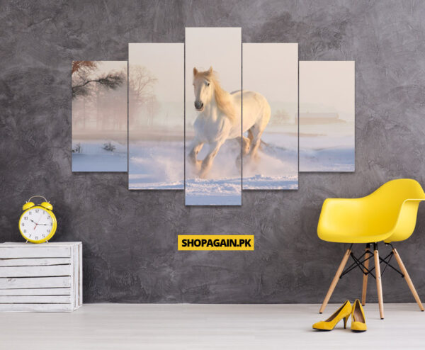 White Running-Horse 5-Piece HD Printed Wall Frame